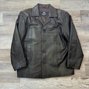 Heeli London Real Leather Jacket XL Brown Button Front Quilted Lined Coat